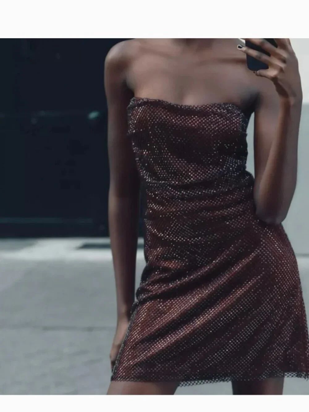 Zara Womens Mini Dress Large Eggplant Red Sparkly Strapless Party 4772/271 NWT